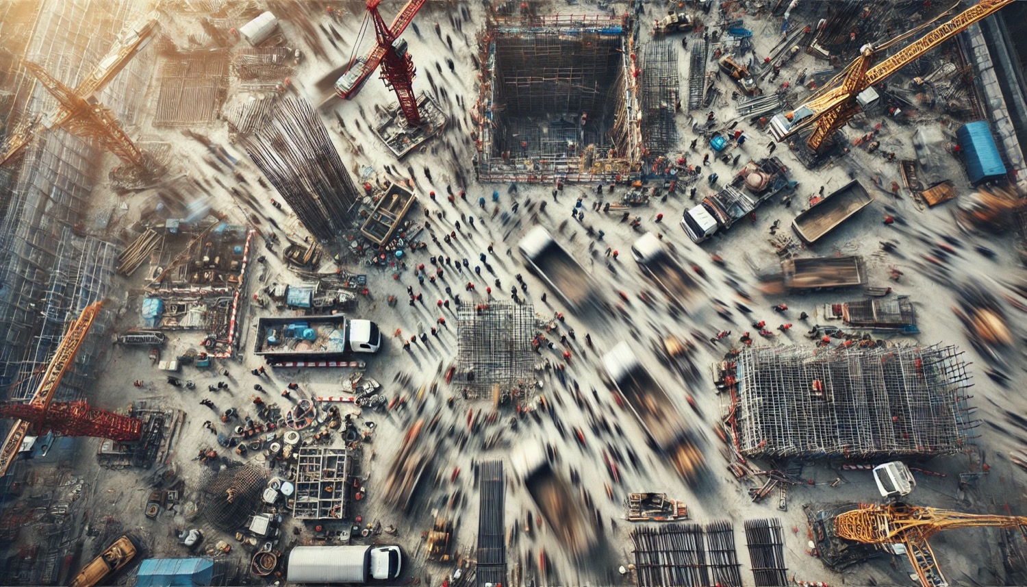 Luftbild einer Großbaustelle mit Kranen und Baugruben.